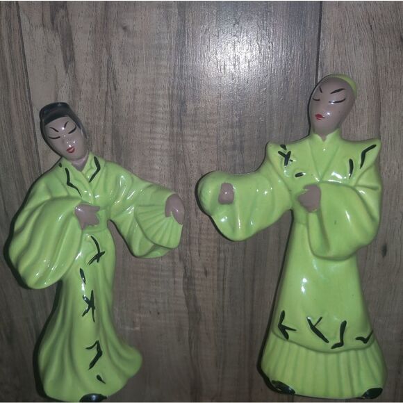 Vintage Asian Ceramic Couple Figurines Green - Picture 4 of 11
